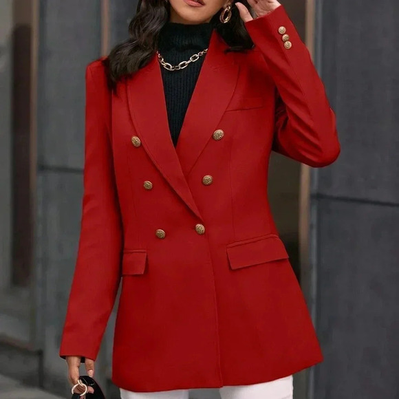 Red Elegant Women's work chic Lapel Neck Double Breasted Blazer - Picture 4 of 6